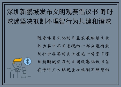 深圳新鹏城发布文明观赛倡议书 呼吁球迷坚决抵制不理智行为共建和谐球迷文化